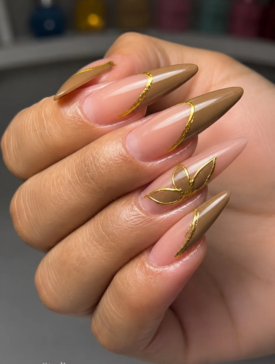 fall nails for tan skin tone Mocha Almond French With Sculptural Gold Lines