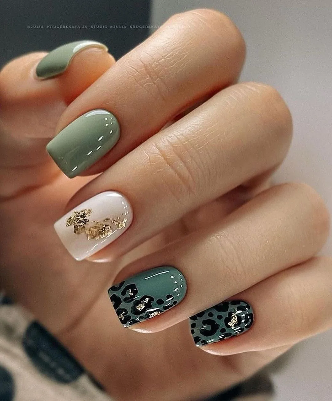 fall square nails 2026 Muted Green With Gold Foil And Animal Print