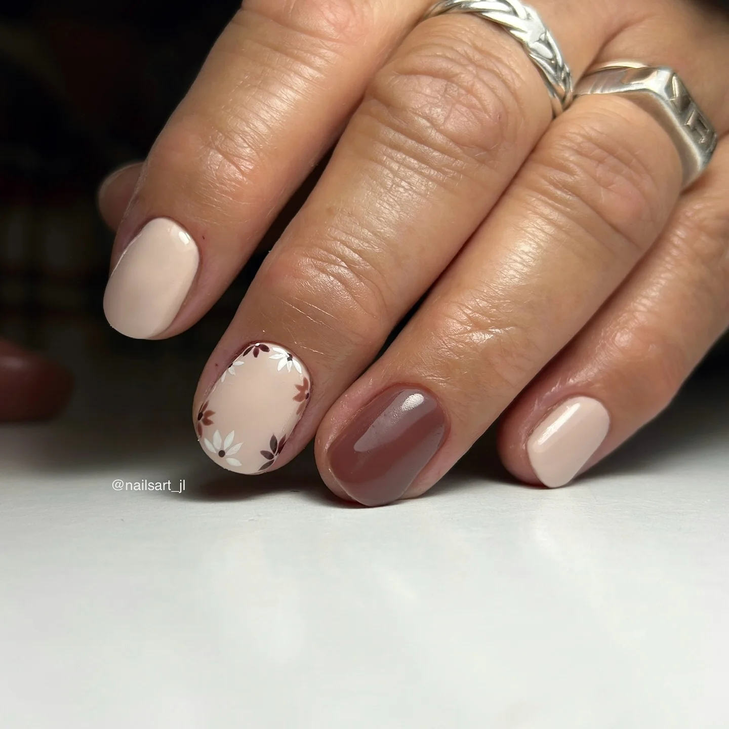 fall trendy nails 2026 Milky Neutral Nails With Delicate Fall Florals