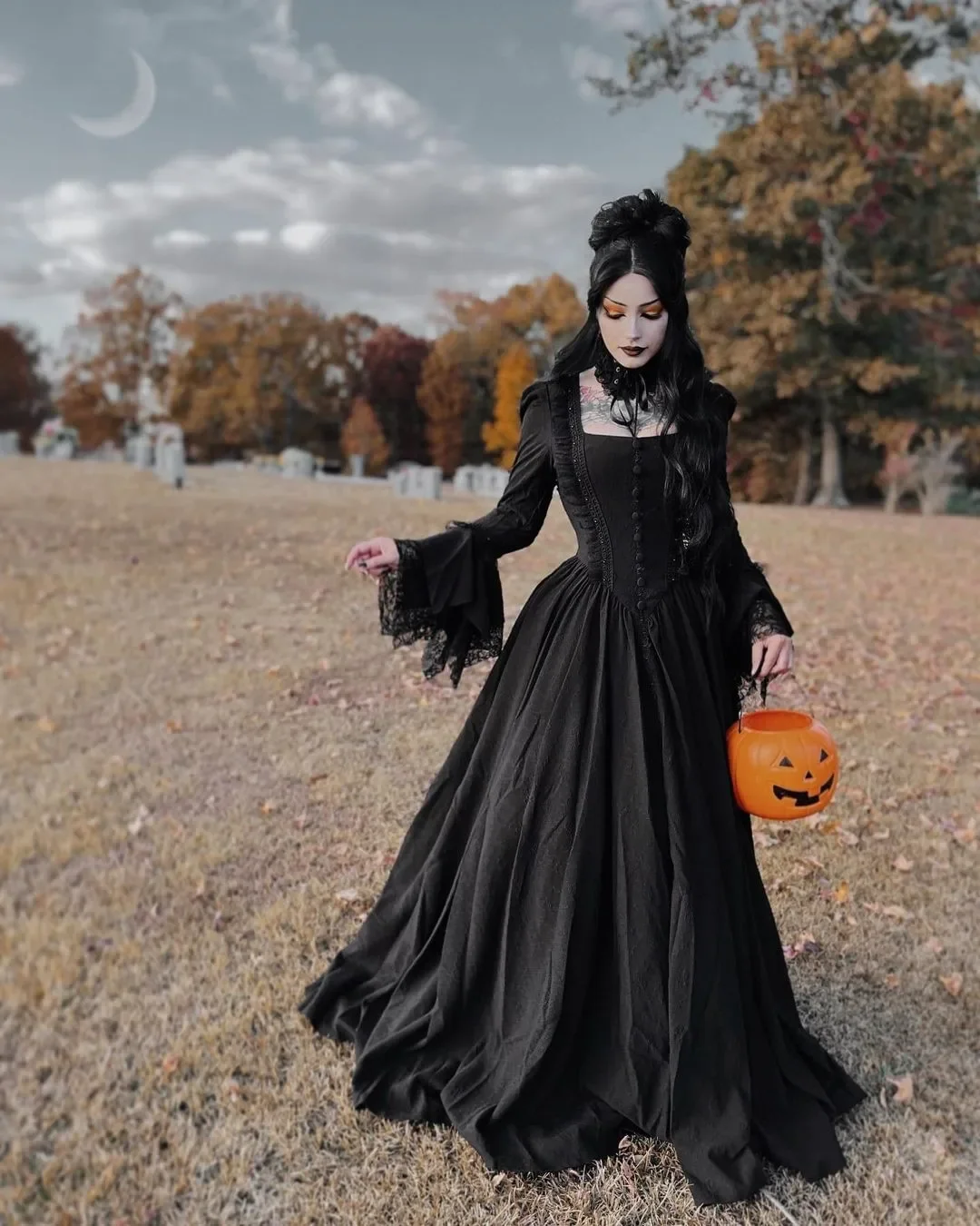 trendy halloween outfits 2026 Gothic Black Dress With Romantic Drama