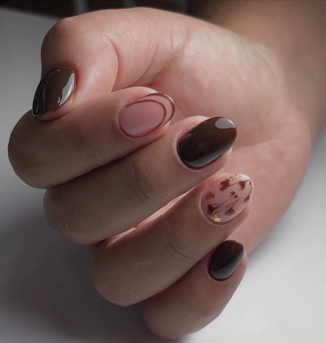 brown fall nails 2026 Minimal Espresso Nails With Abstract Floral Accents