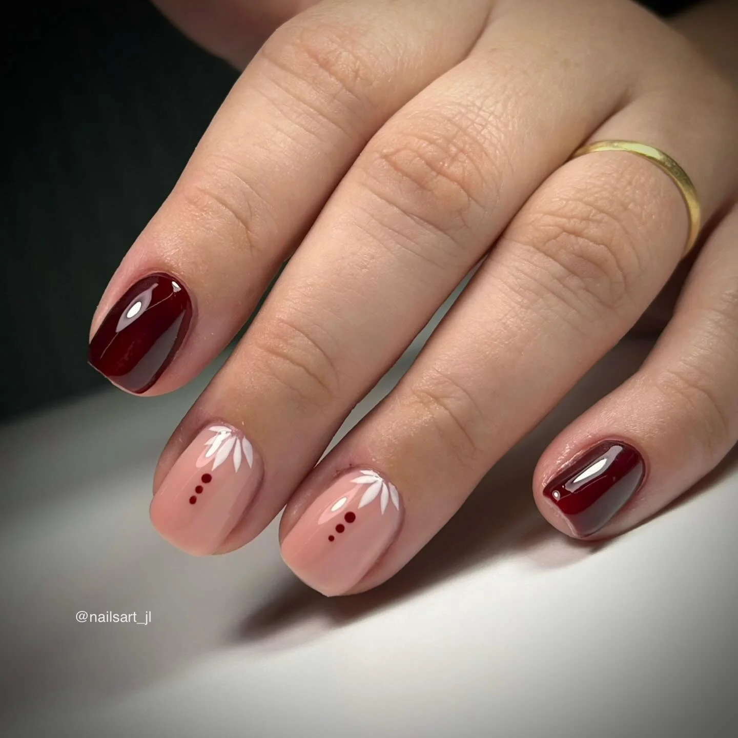 fall burgundy nails with design Short Burgundy Nails With Minimal White Botanical Details
