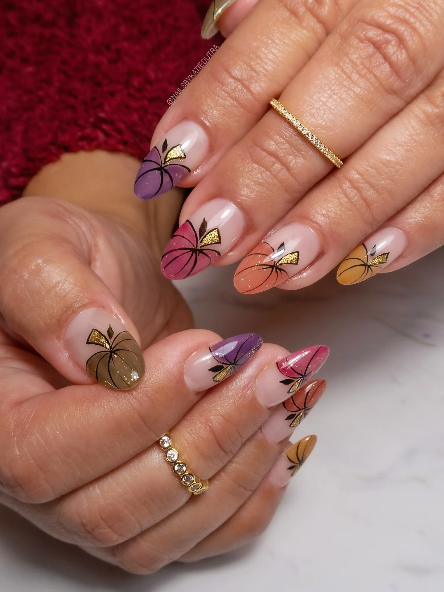 fall mid length nails 2026 Colorful Pumpkin Nail Art With Golden Details