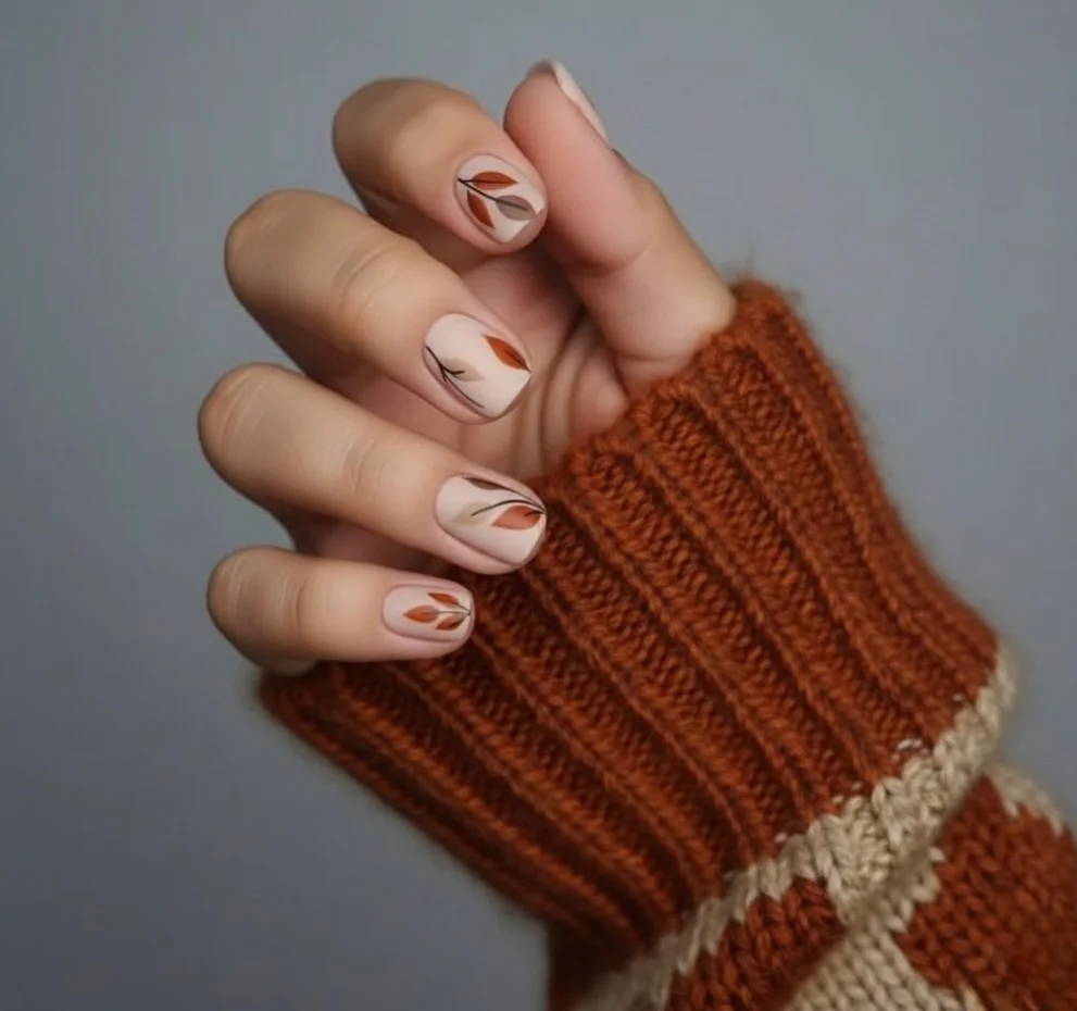 fall nails for fair skin tones 2026 Soft Nude Leaf Nail Art With A Cozy Rust Sweater
