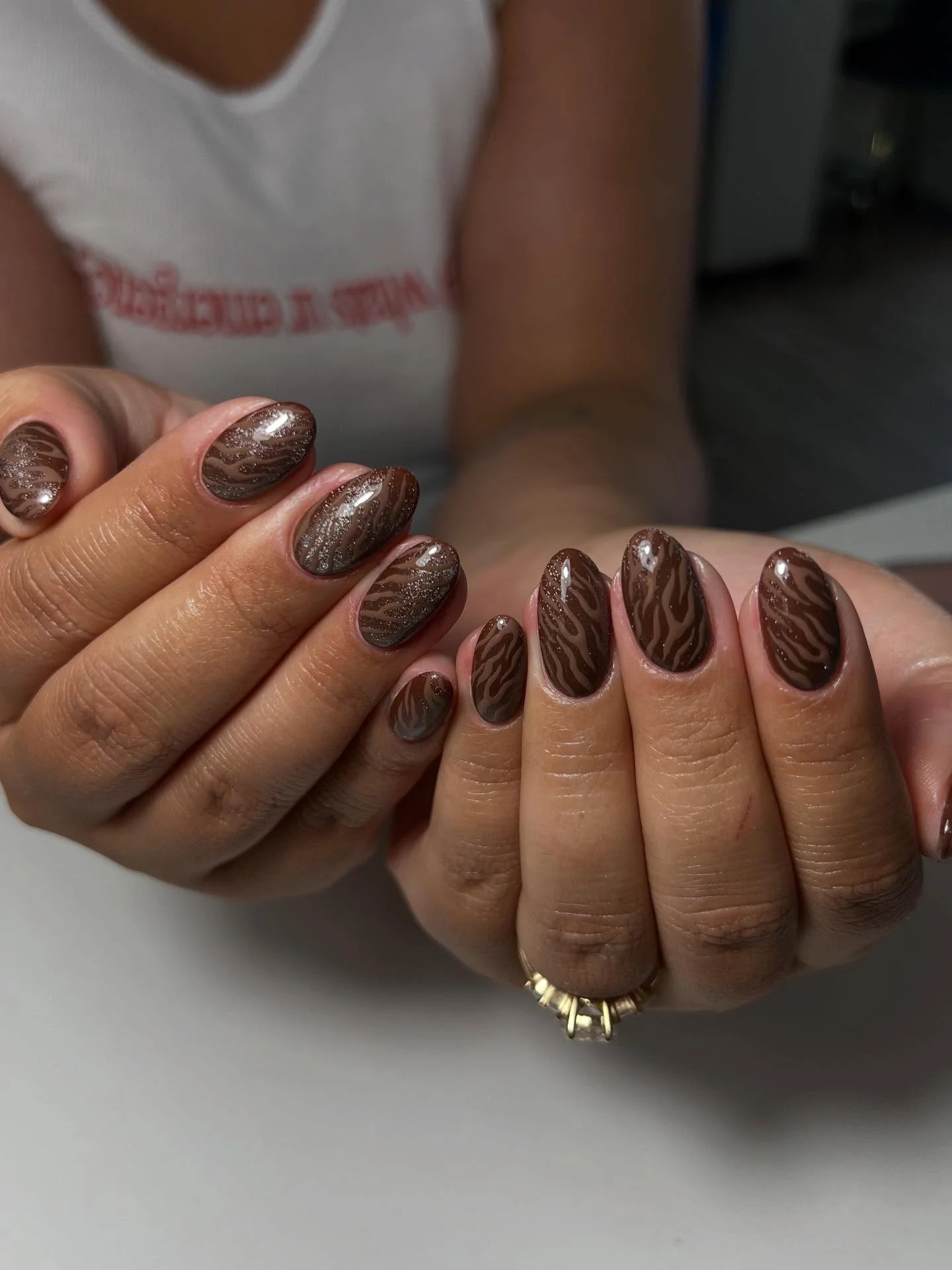 fall nails for medium skin tone Chocolate Brown Zebra Lines With A Shimmering Finish