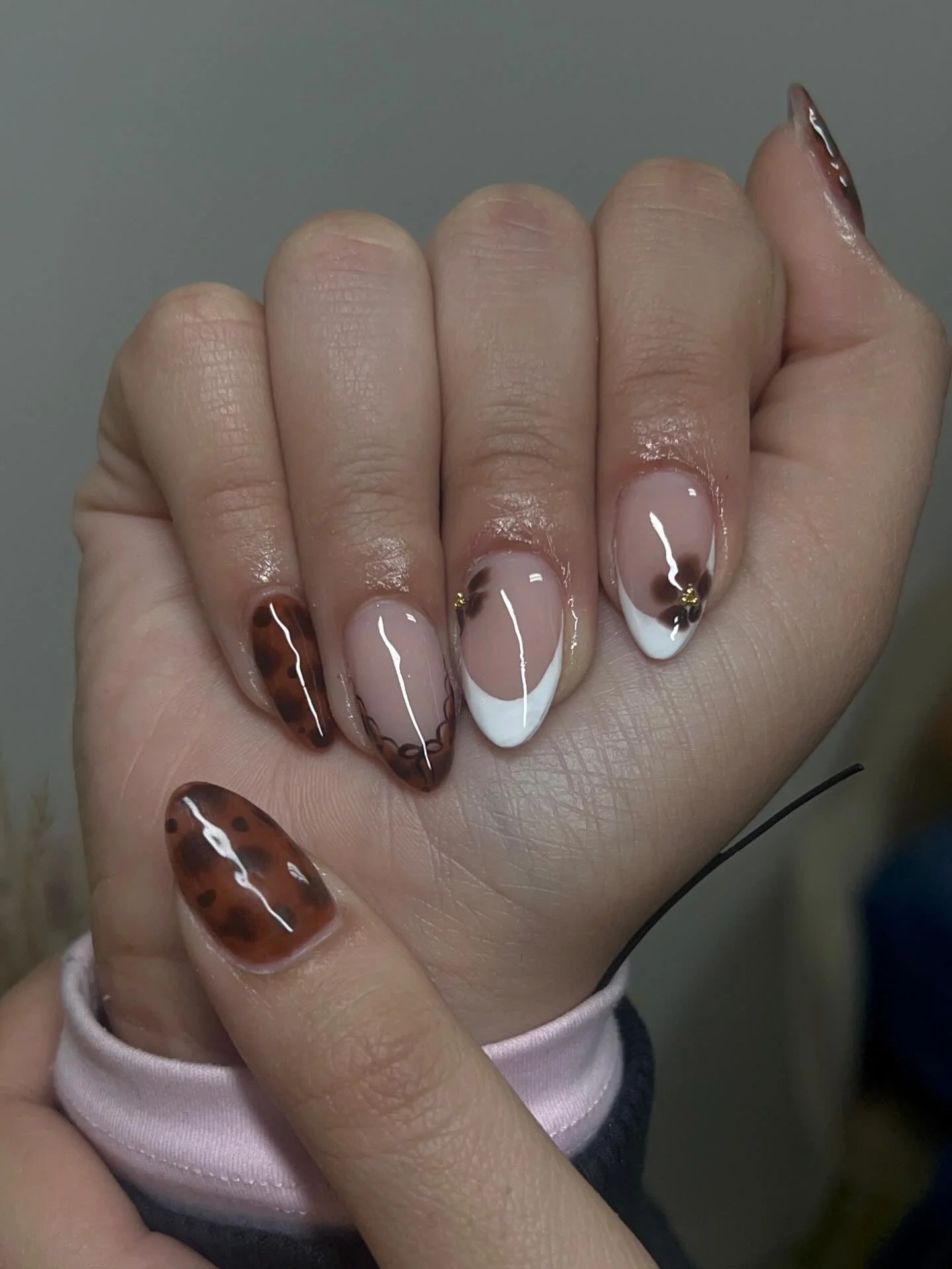 fall short almond nails 2026 Mocha Floral French Nails With Delicate Animal Print