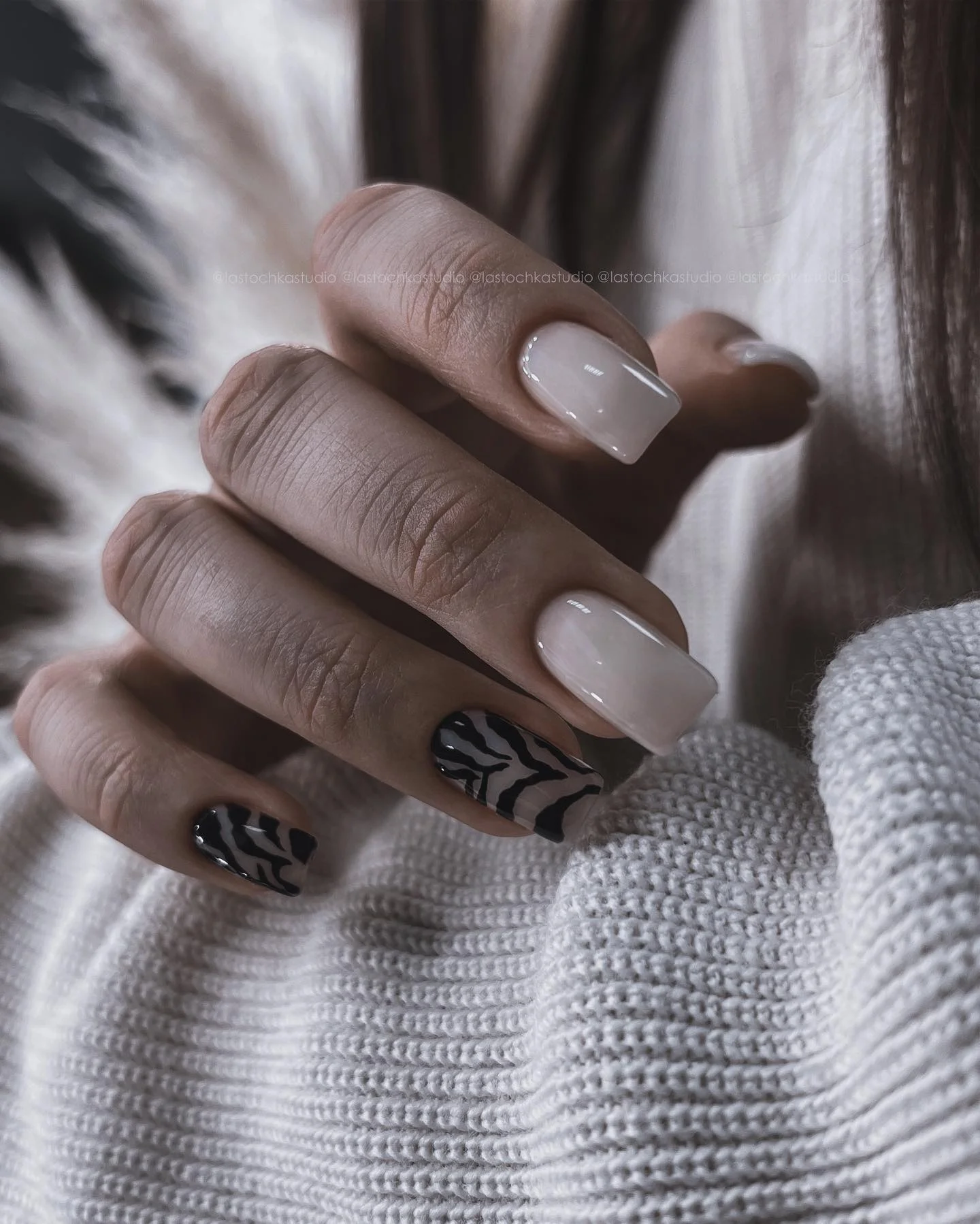 fall square nails 2026 Milky Nude With Graphic Black Animal Accents