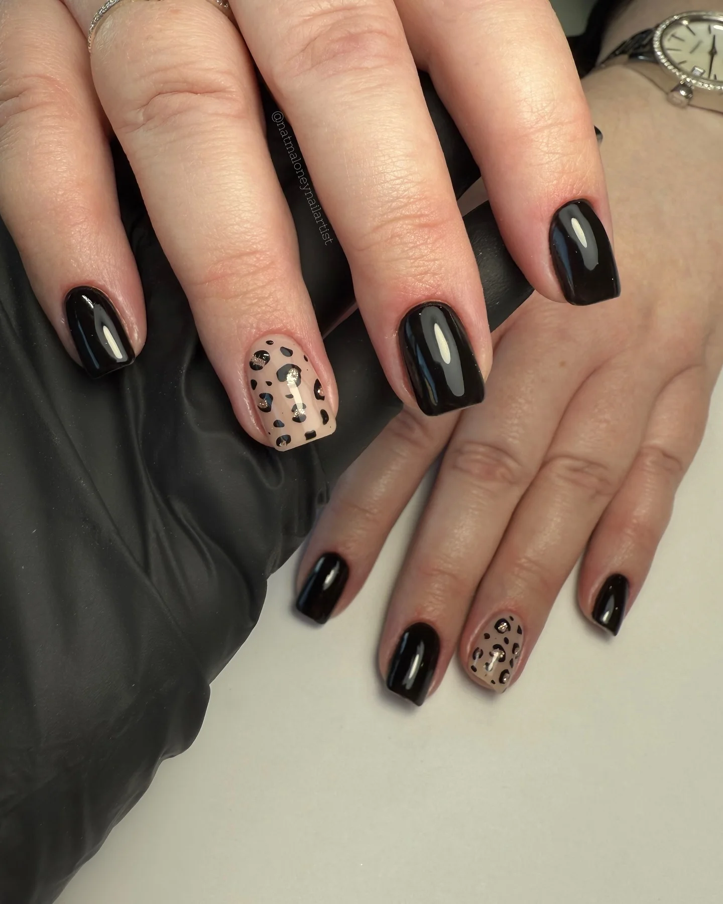 simple fall short nails Glossy Black With Minimal Leopard Accents