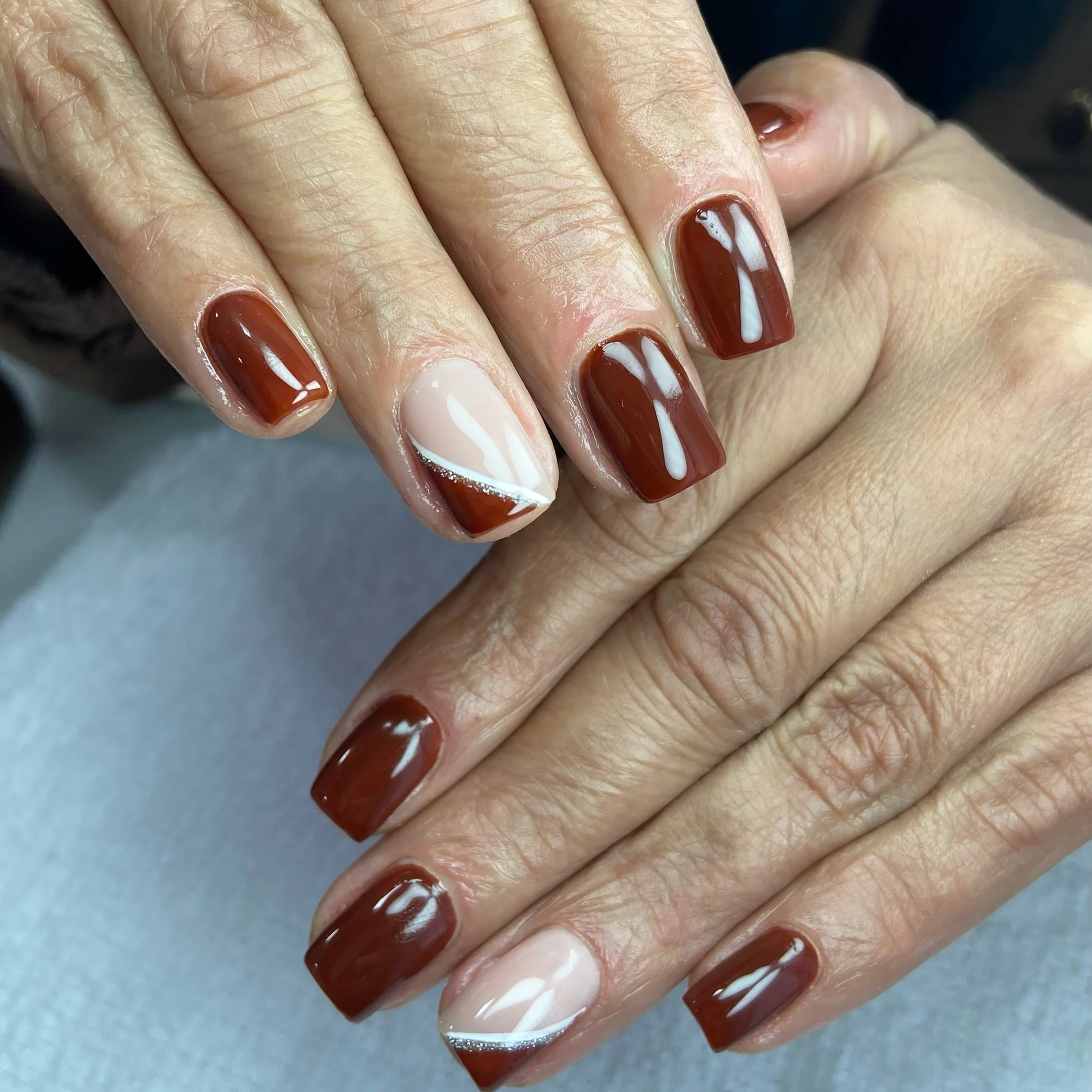 brown fall nails 2026 Classic Cinnamon Square Nails With Modern Diagonal Accent