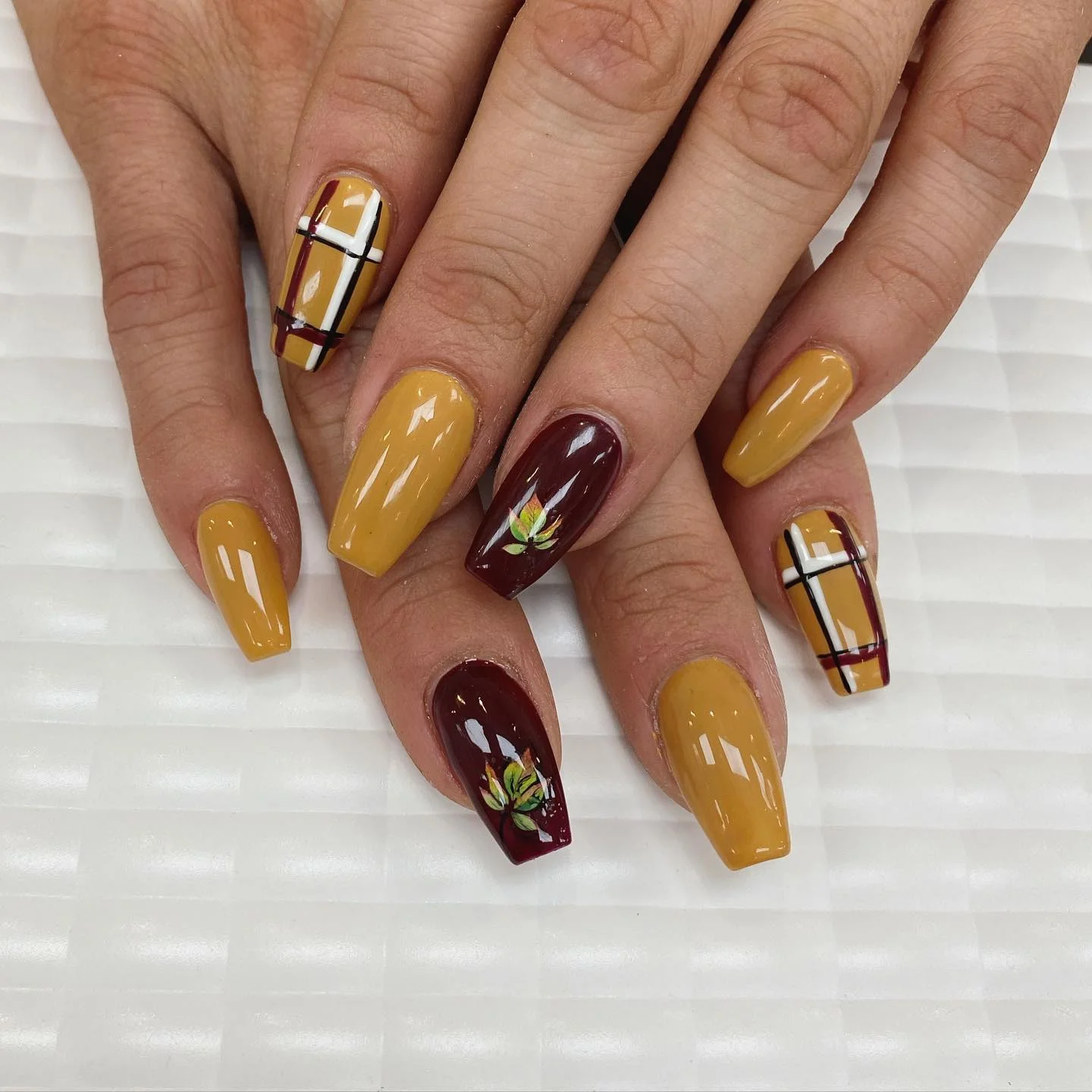 fall gel nails ideas 2026 Mustard Plaid And Burgundy Fall Statement Nails