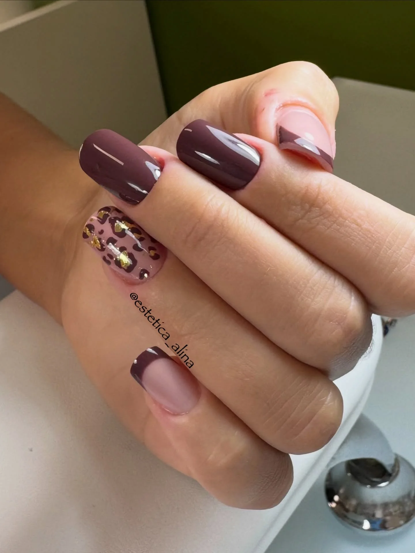 fall mid length nails 2026 Modern Plum French With Chic Leopard Accent