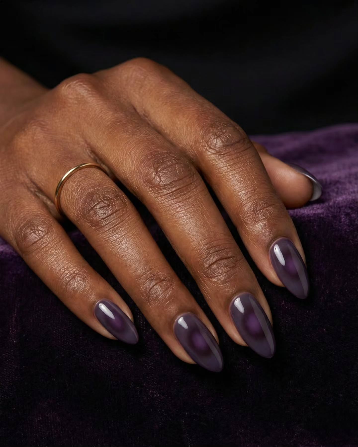 fall nails for dark skin 2026 Glossy Deep Plum Aura Nails For Cozy Autumn Evenings