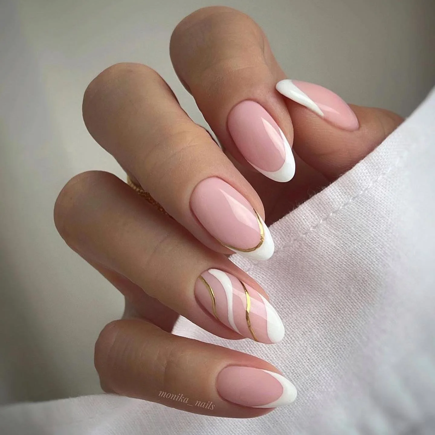 fall nails with autumn designs Soft Pink French With Fine Golden Lines