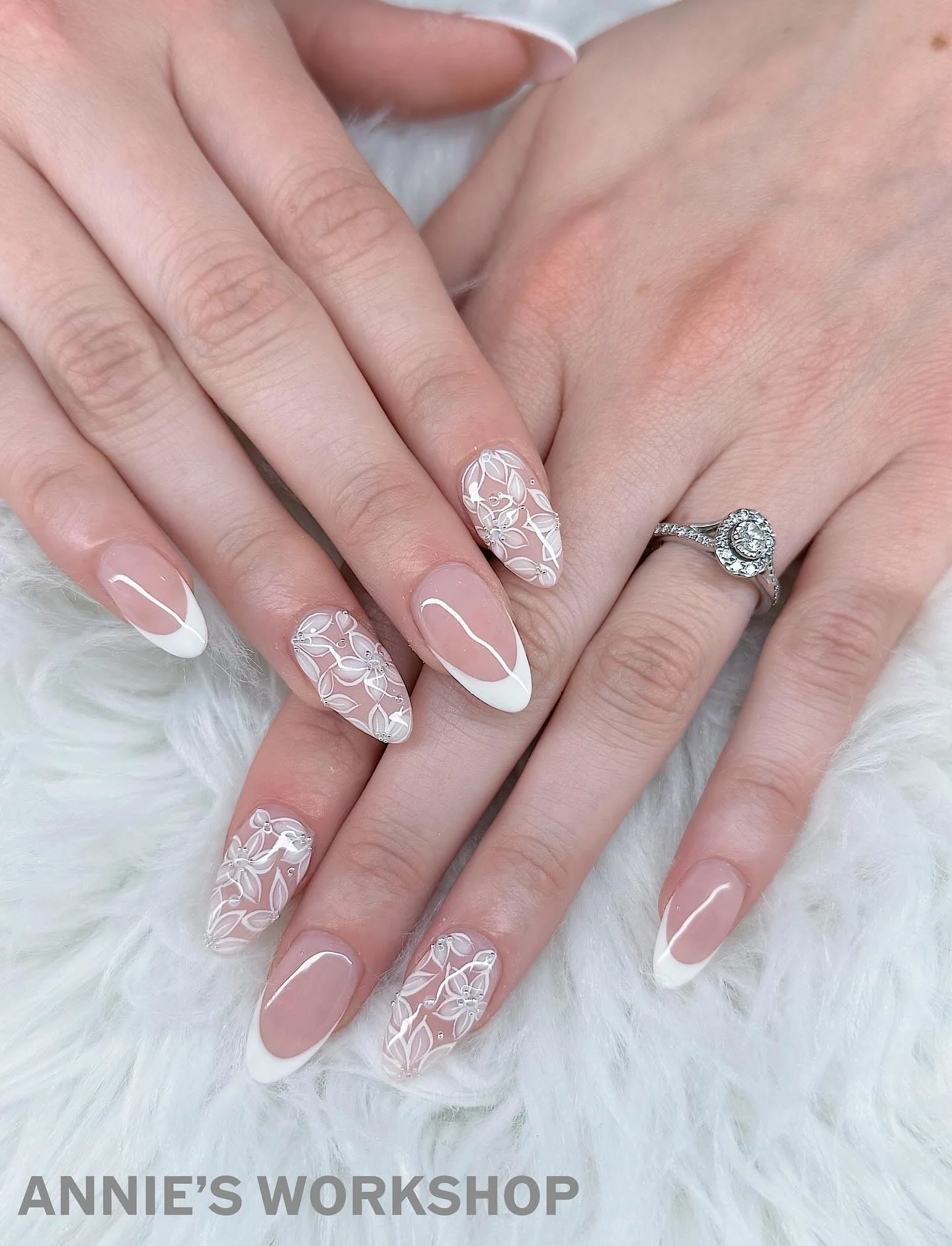 fall wedding nails 2026 Elegant Lace French Almond Nails With Bridal Detail