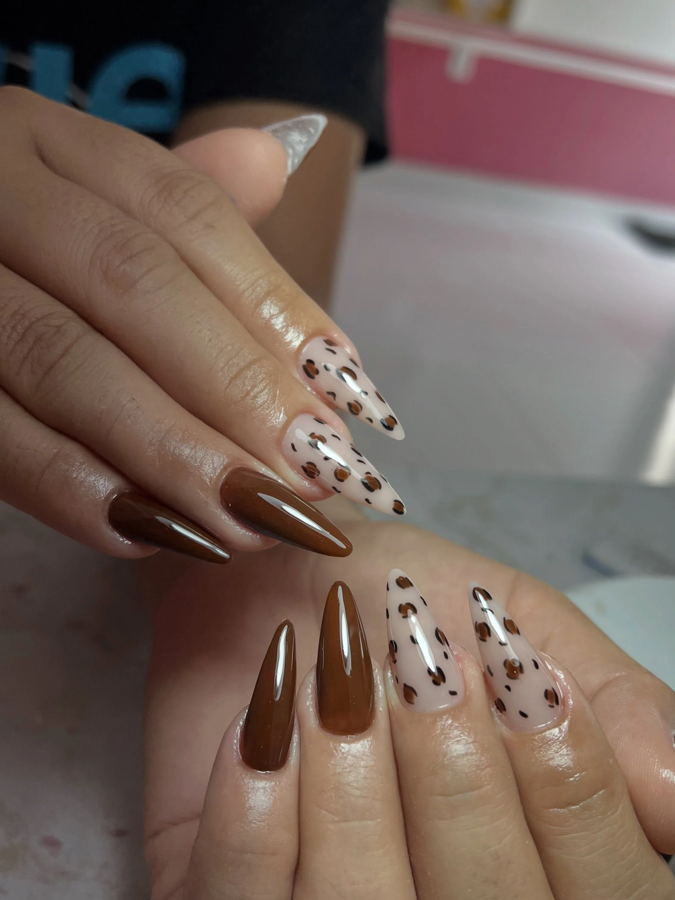 brown fall nails 2026 Glossy Cocoa Almond Nails With Delicate Leopard Art