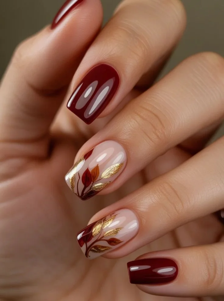 fall nail art ideas 2026 Burgundy Nails With Delicate Golden Leaves