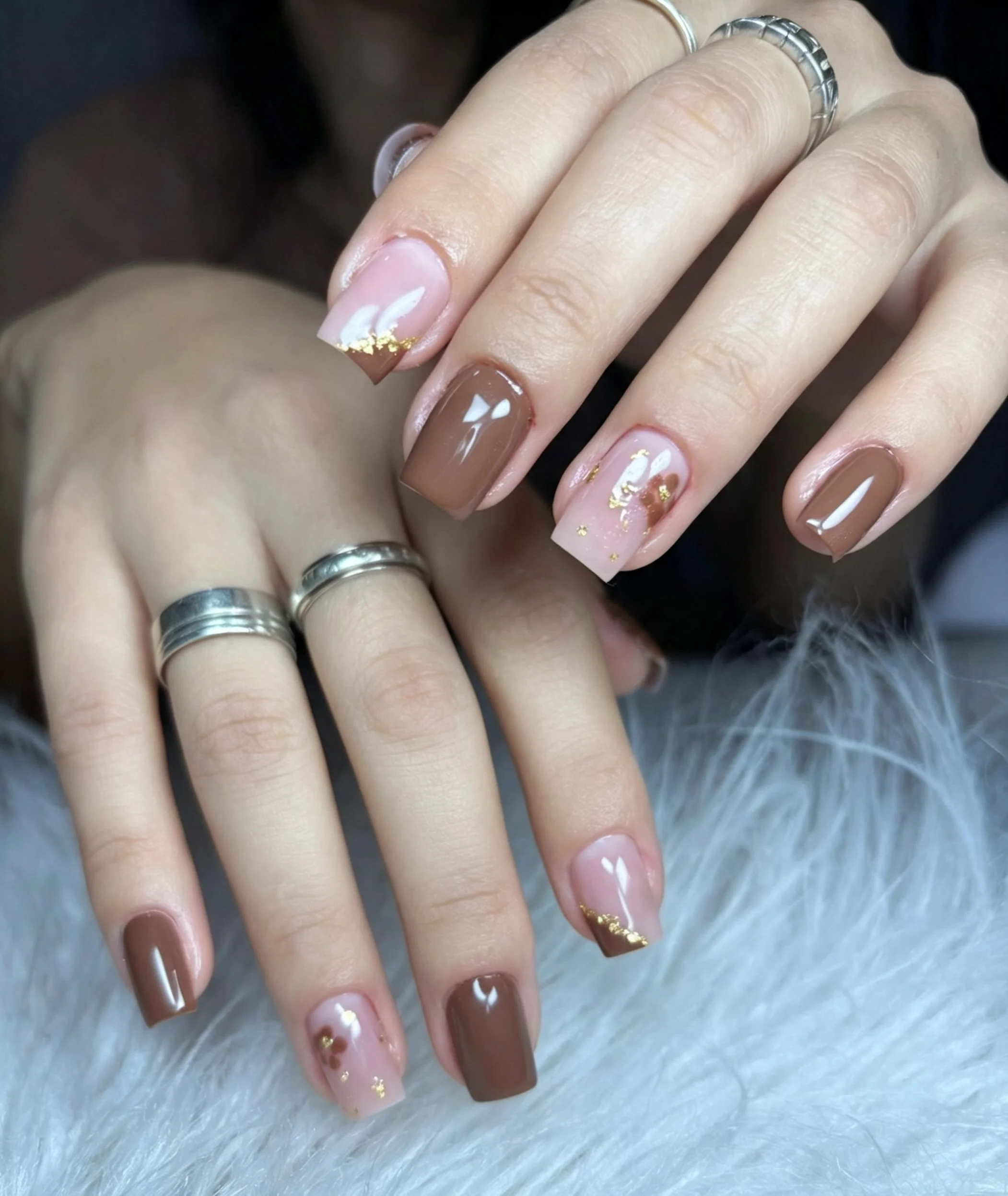fall nail designs square shape 2026 Soft Mocha Nails With Gold Foil Elegance