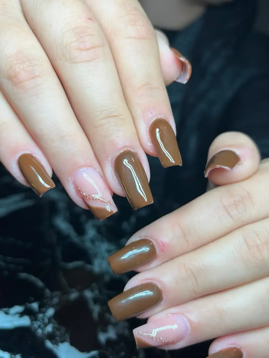 fall nails with accent nail Mocha Brown Nails With A Fine Golden Detail