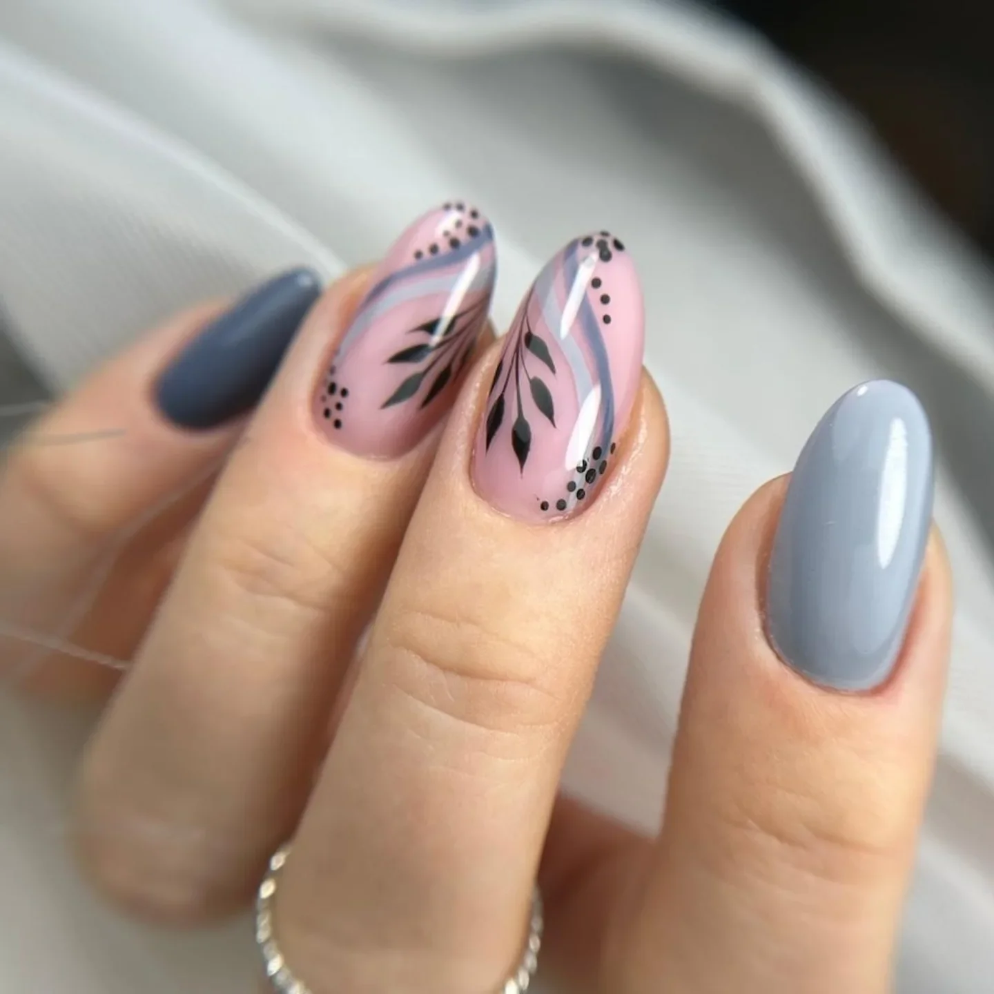 fall nails with autumn designs Dusty Pink Leaves With A Cool Blue Accent
