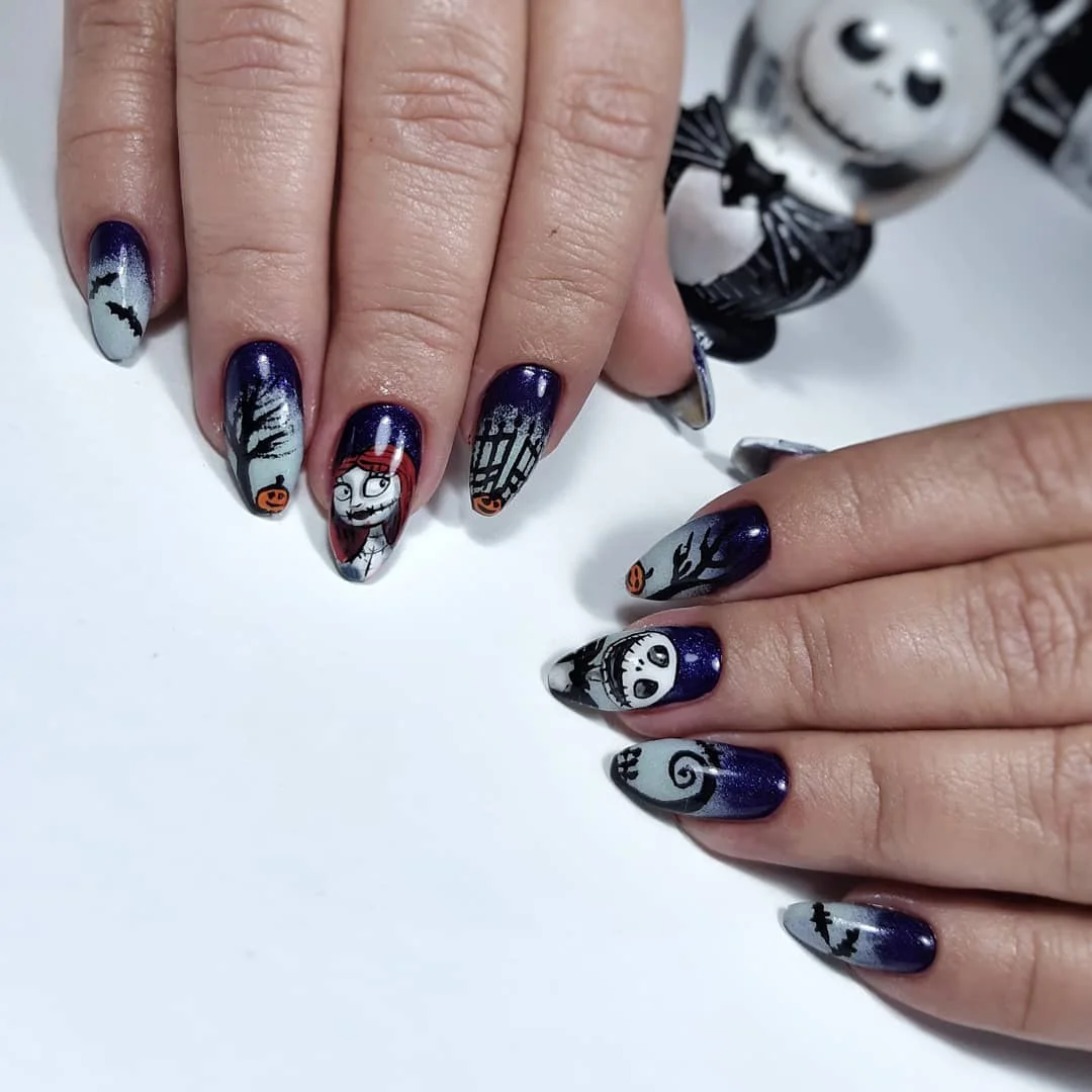 halloween nail art 2026 Midnight Purple Nails With Ghostly Halloween Characters