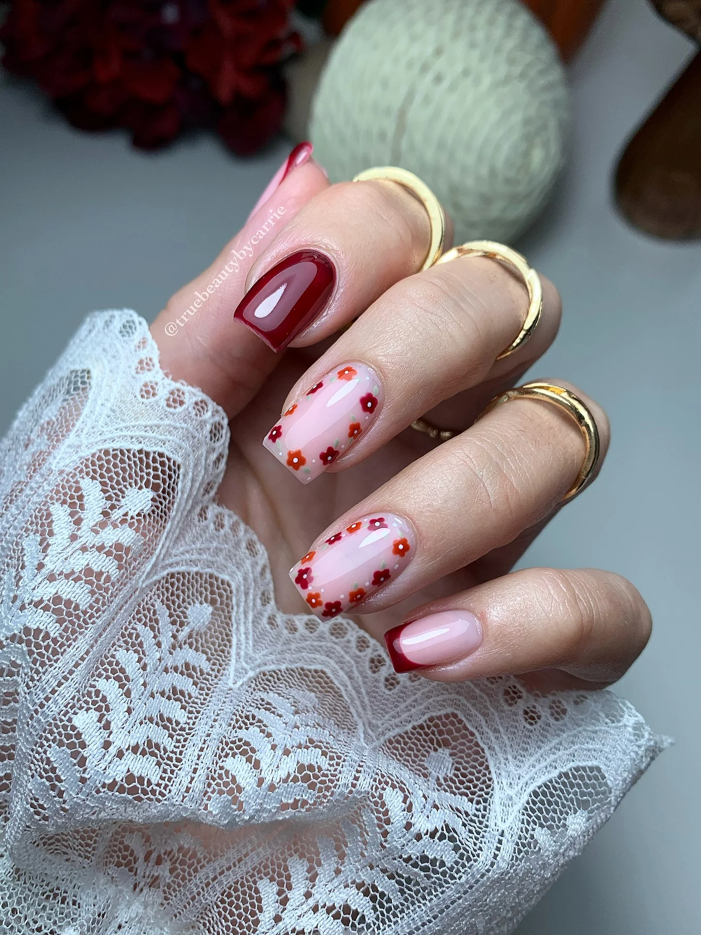 maroon fall nails 2026 Short Burgundy French Tips With Tiny Floral Details