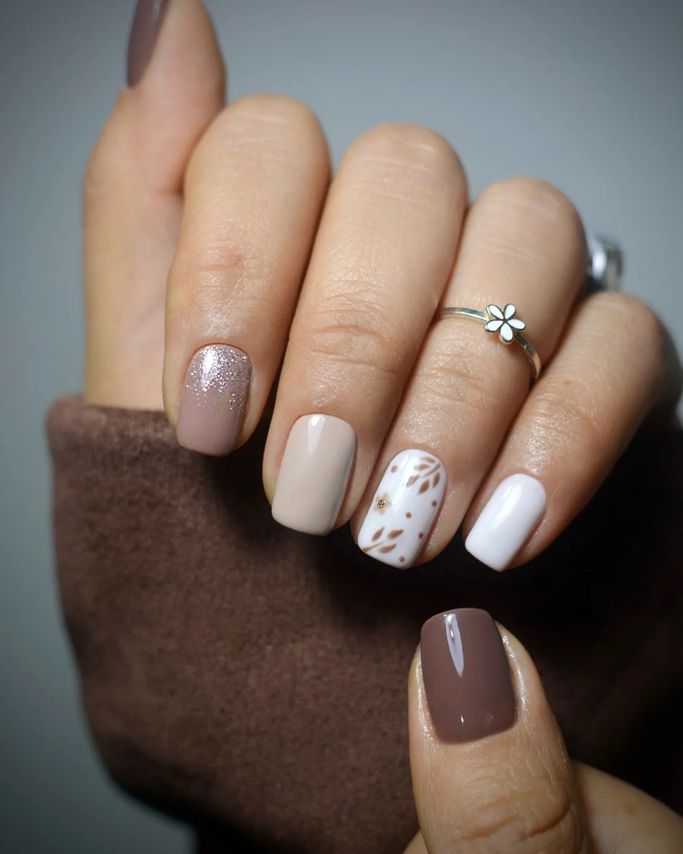 simple fall short nails Soft Cream And Mocha With Tiny Botanical Details