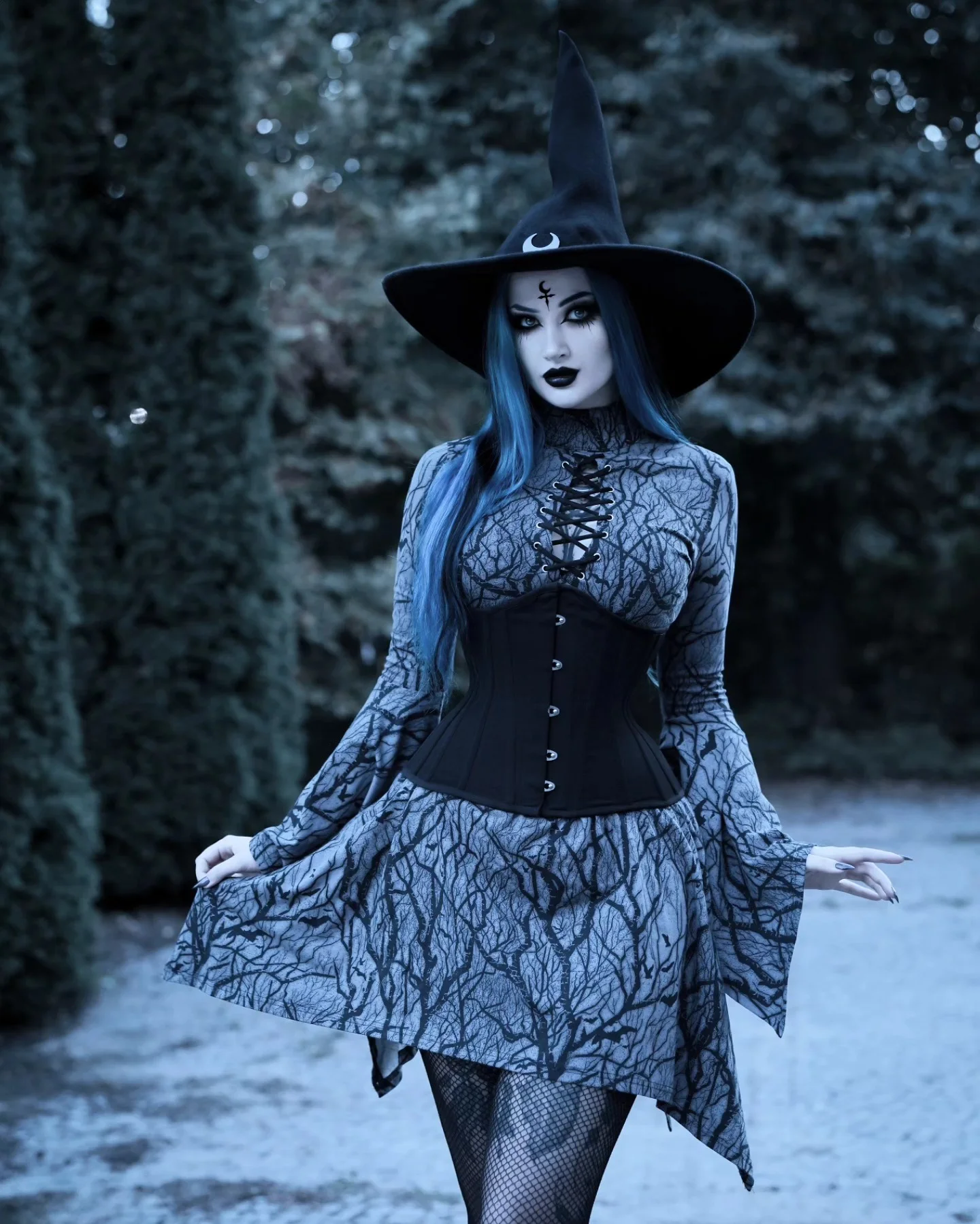 trendy halloween outfits 2026 Blue Moon Witch With A Modern Gothic Twist