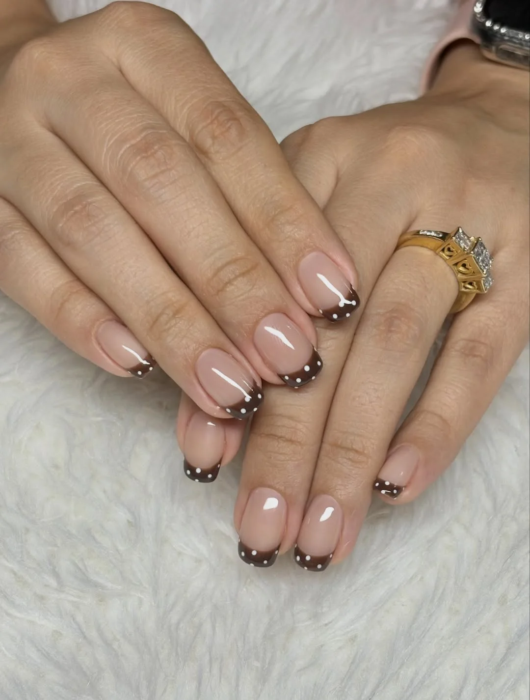 brown fall nails 2026 Classic Mocha French Tips With Tiny Polka Dot Accents