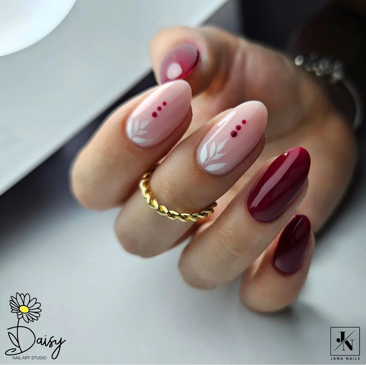 fall burgundy nails with design Burgundy Botanical Accents On A Blush Base