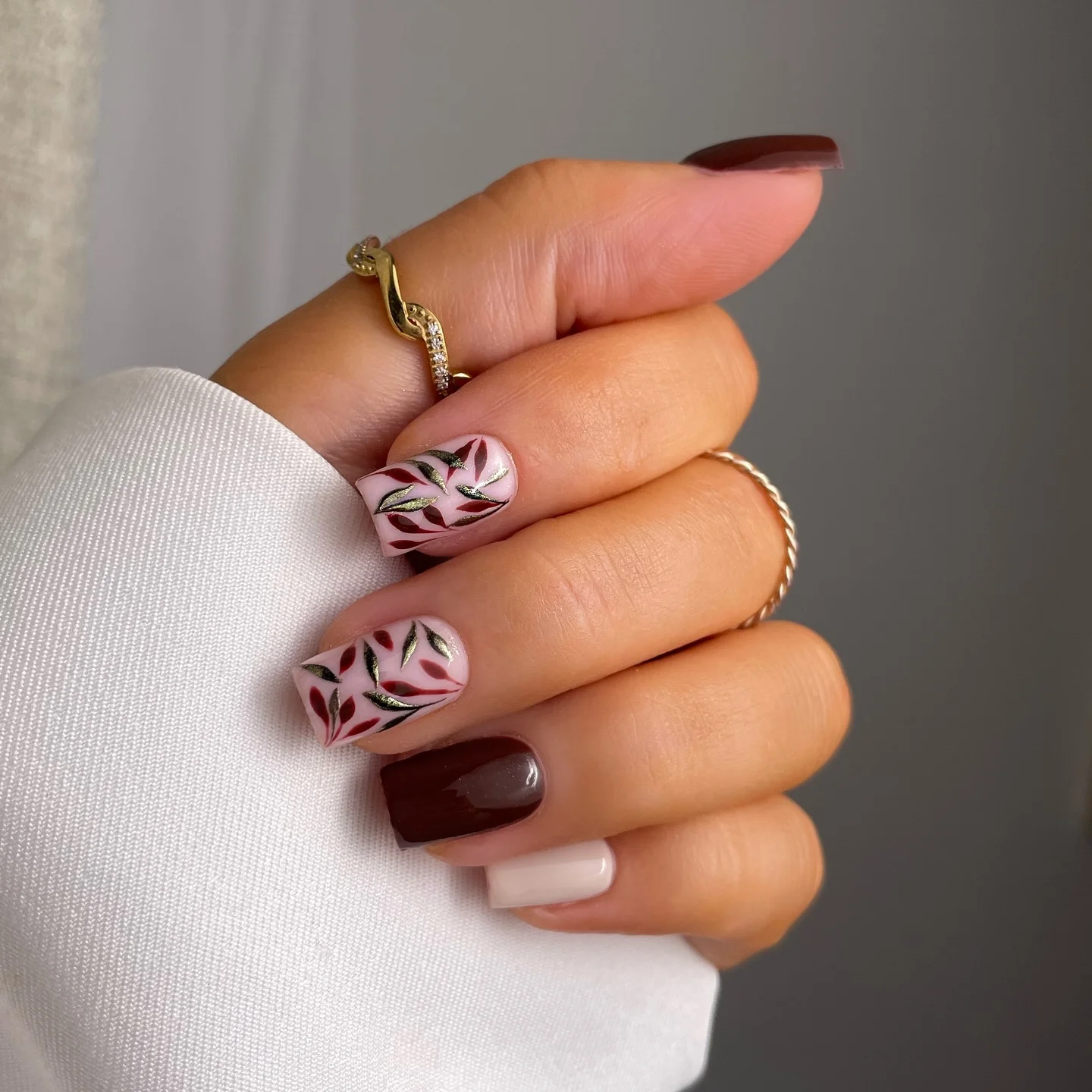 fall mid length nails 2026 Modern Burgundy Botanical Square Manicure