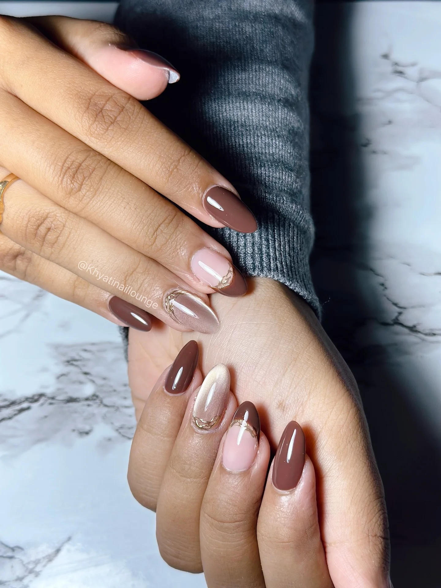 fall nail designs for office 2026 Mocha Almond Nails With Elegant Metallic Contours