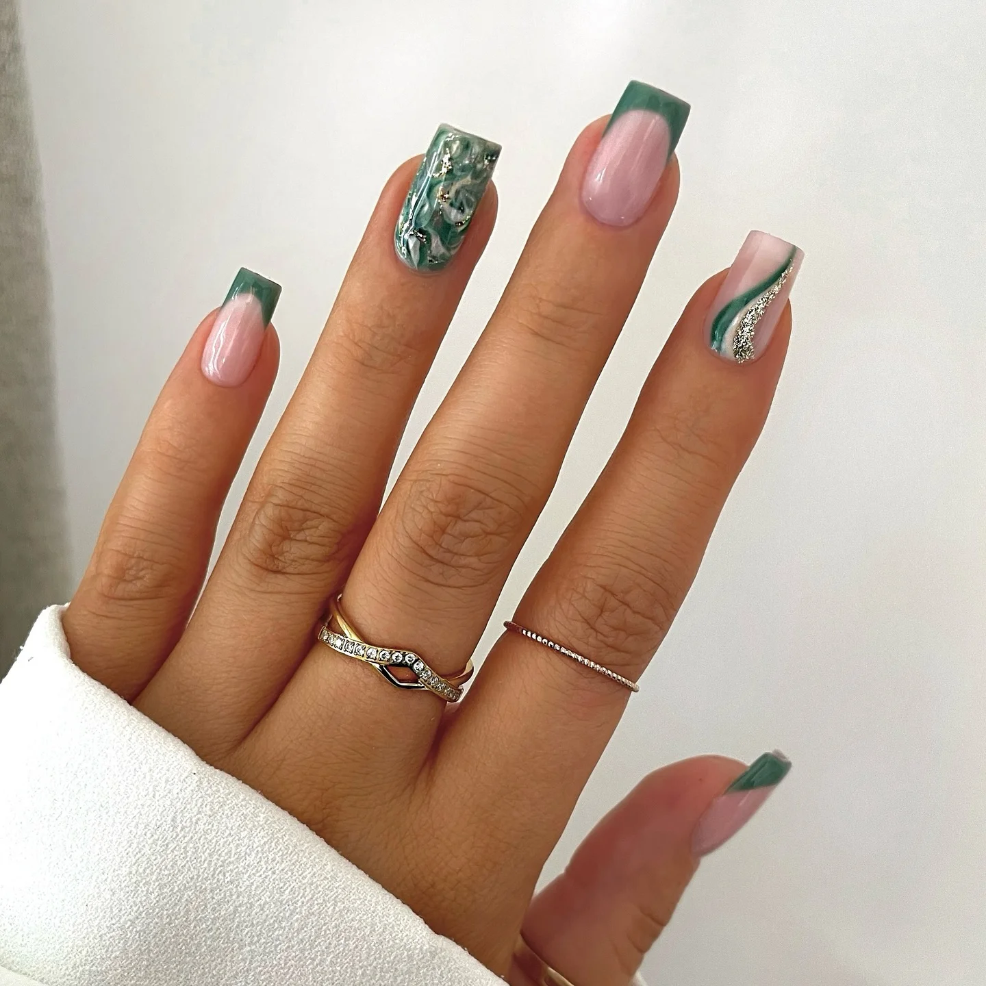 fall nail designs square shape 2026 Emerald Marble French Square Nails