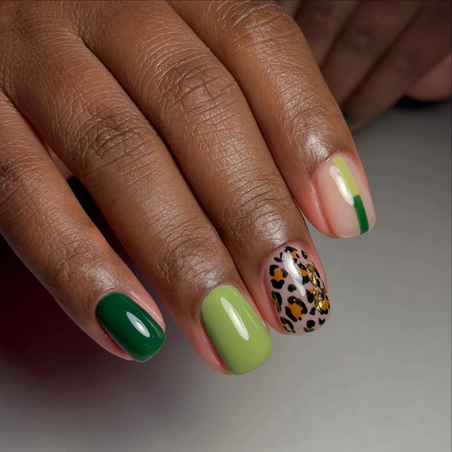 fall nails for dark skin 2026 Fresh Olive Green Nails With Modern Leopard Art