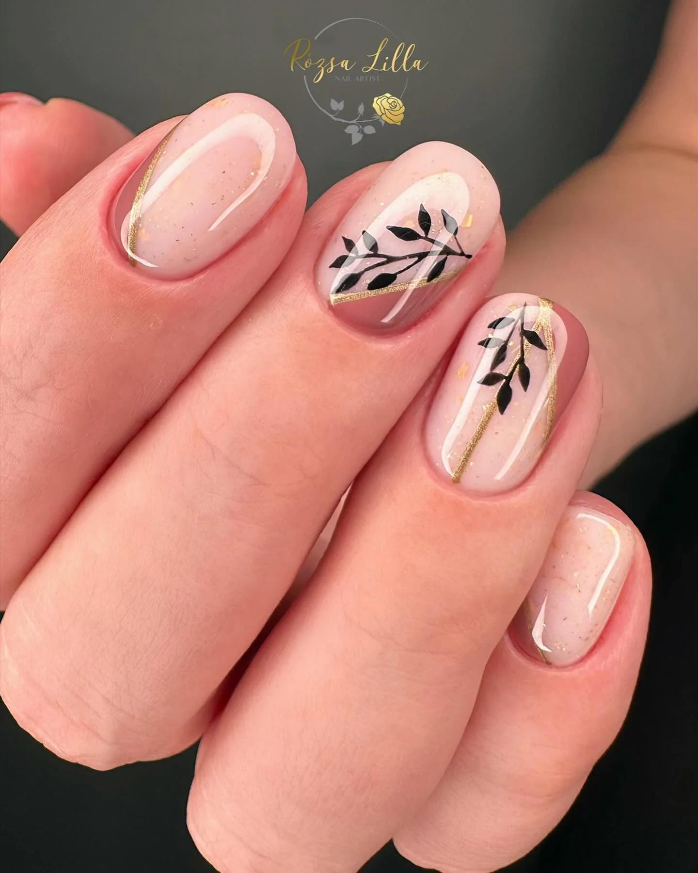 fall nails for fair skin tones Soft Nude Botanical Nails With Delicate Gold Lines