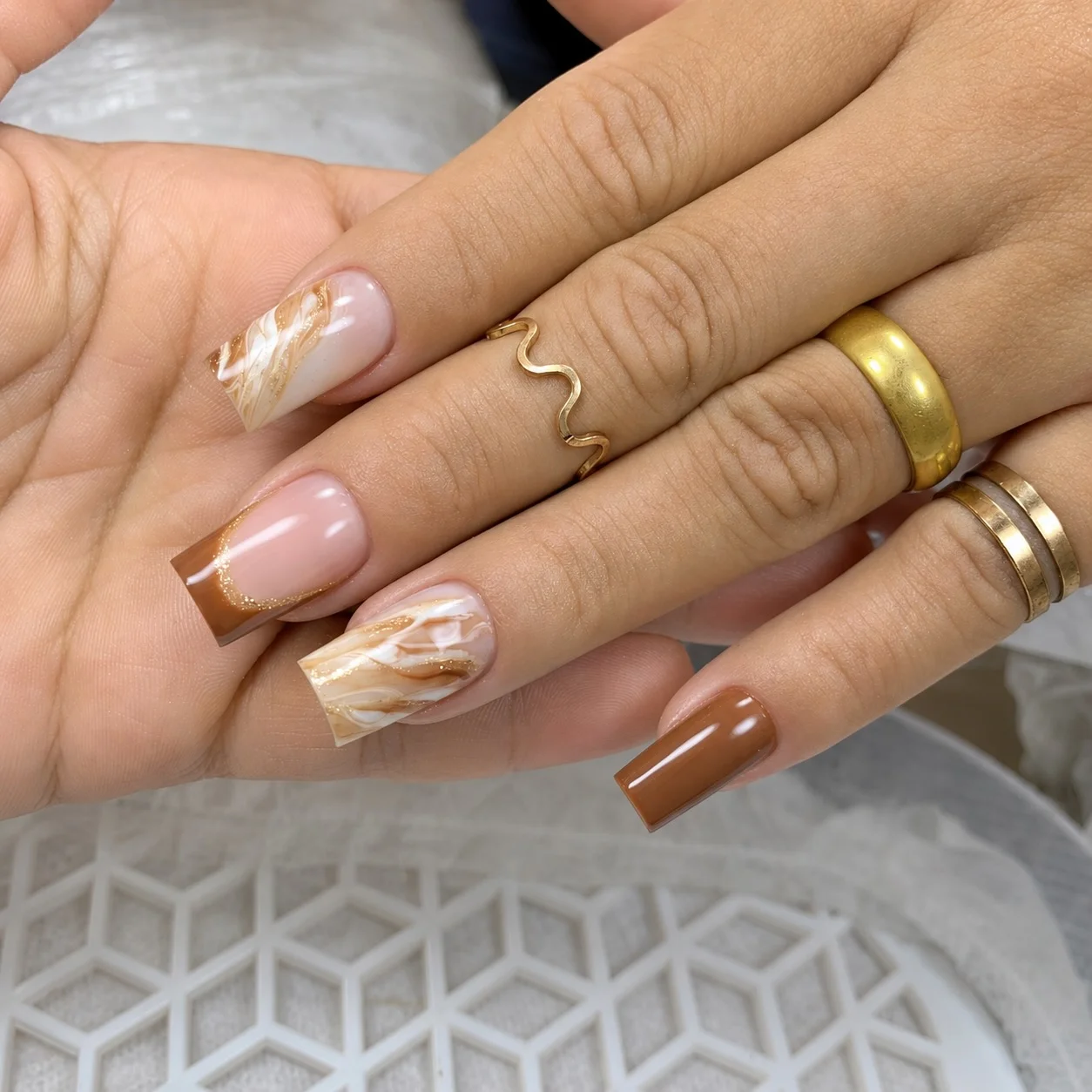 fall nails for tan skin tone Latte Brown Square Nails With Marble Gold Accents