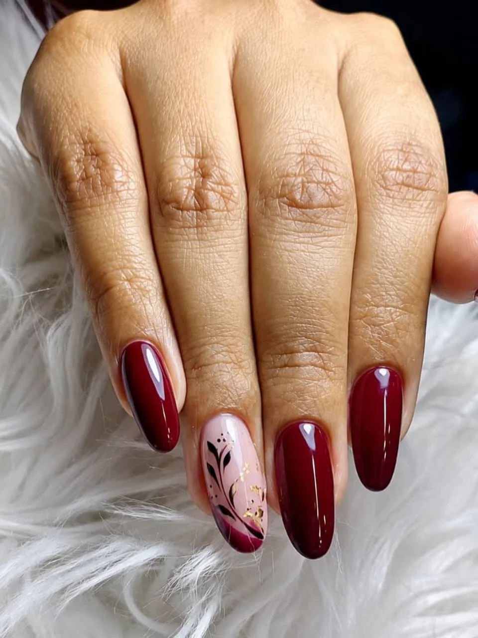 fall nails with accent nail Deep Plum Nails With Botanical Gold Foil