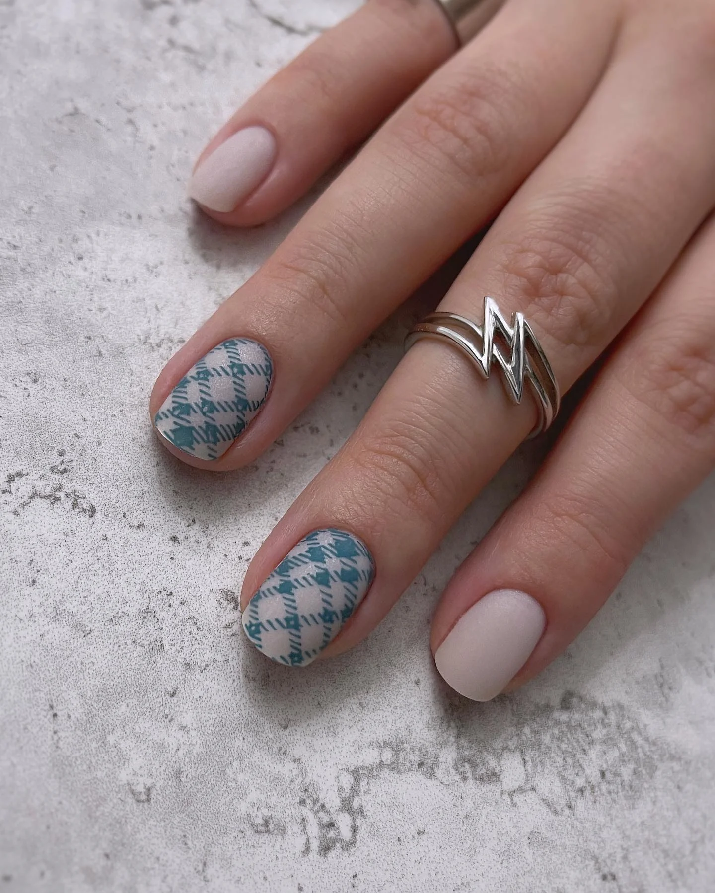 fall nails with autumn designs Milky Neutrals With Textured Blue Botanical Pattern