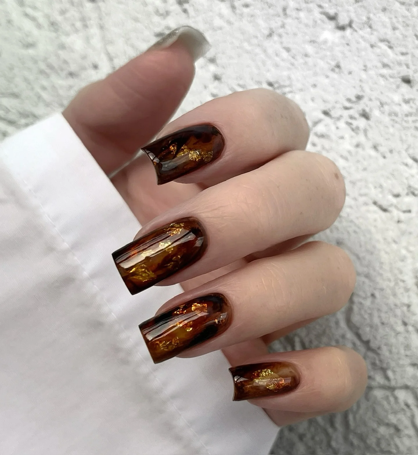 fall square nails 2026 Amber Brown Nails With Molten Gold Details