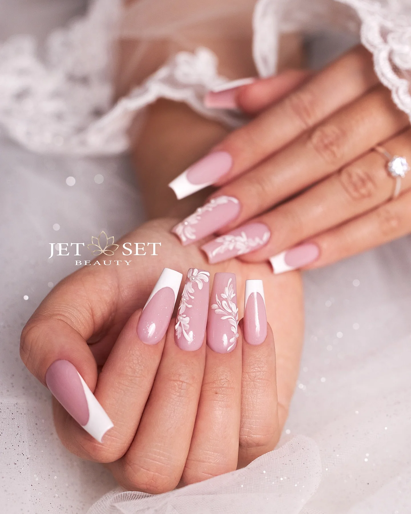 fall wedding nails 2026 Modern Square French With Botanical Bridal Art