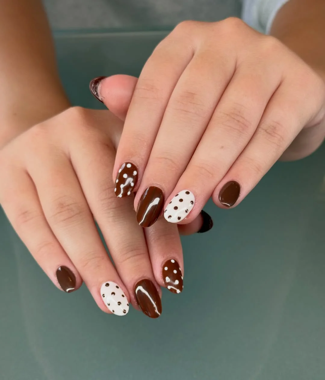 polka dot fall nails 2026 Chocolate Brown And Creamy White Contrast