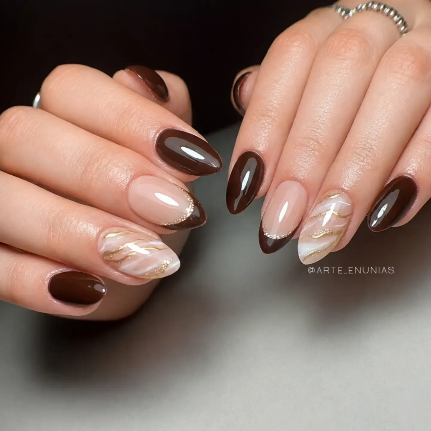 brown fall nails 2026 Chocolate Almond Nails With Marble Gold Accent Art