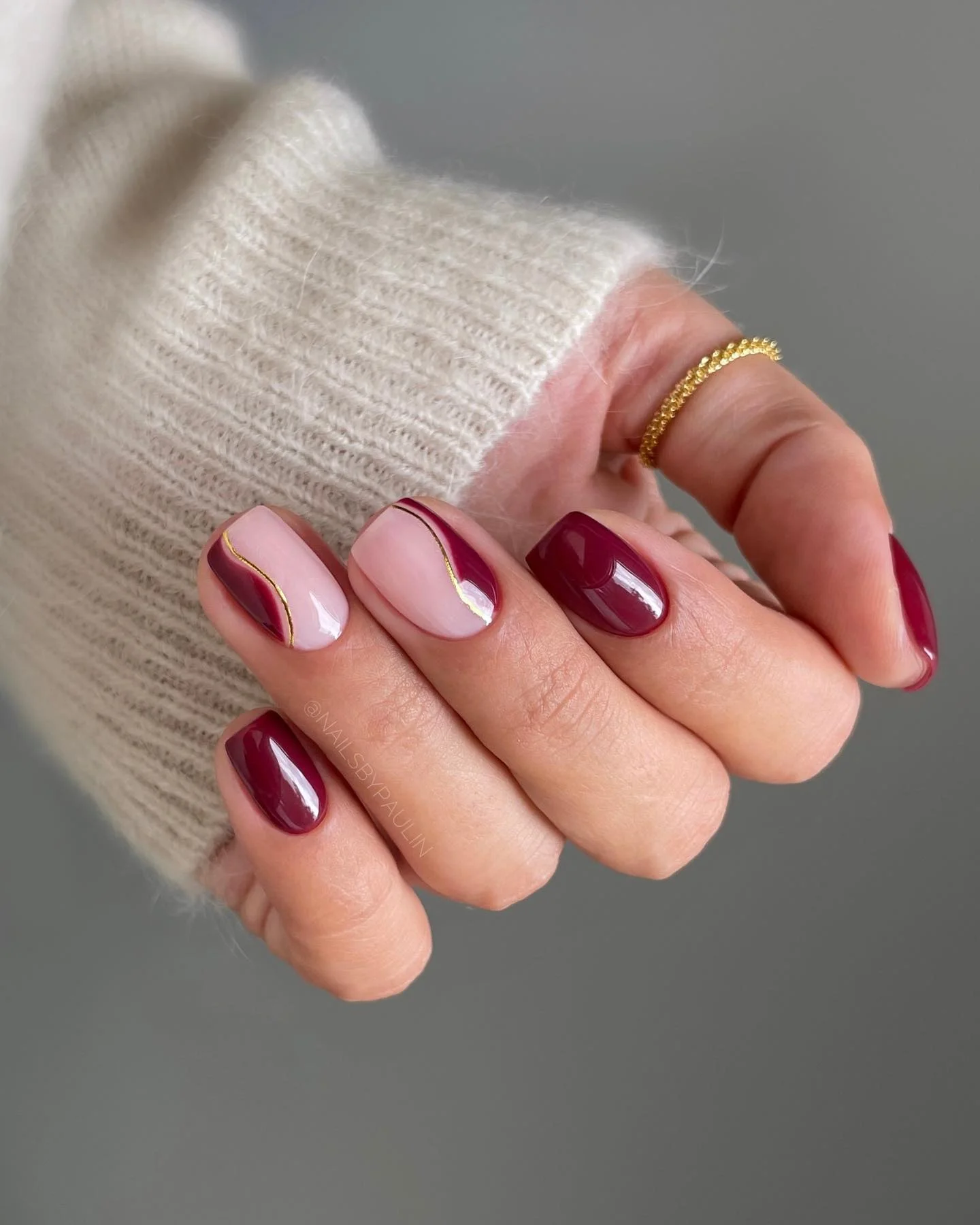 fall burgundy nails with design Burgundy And Gold Curved French Tip Nails