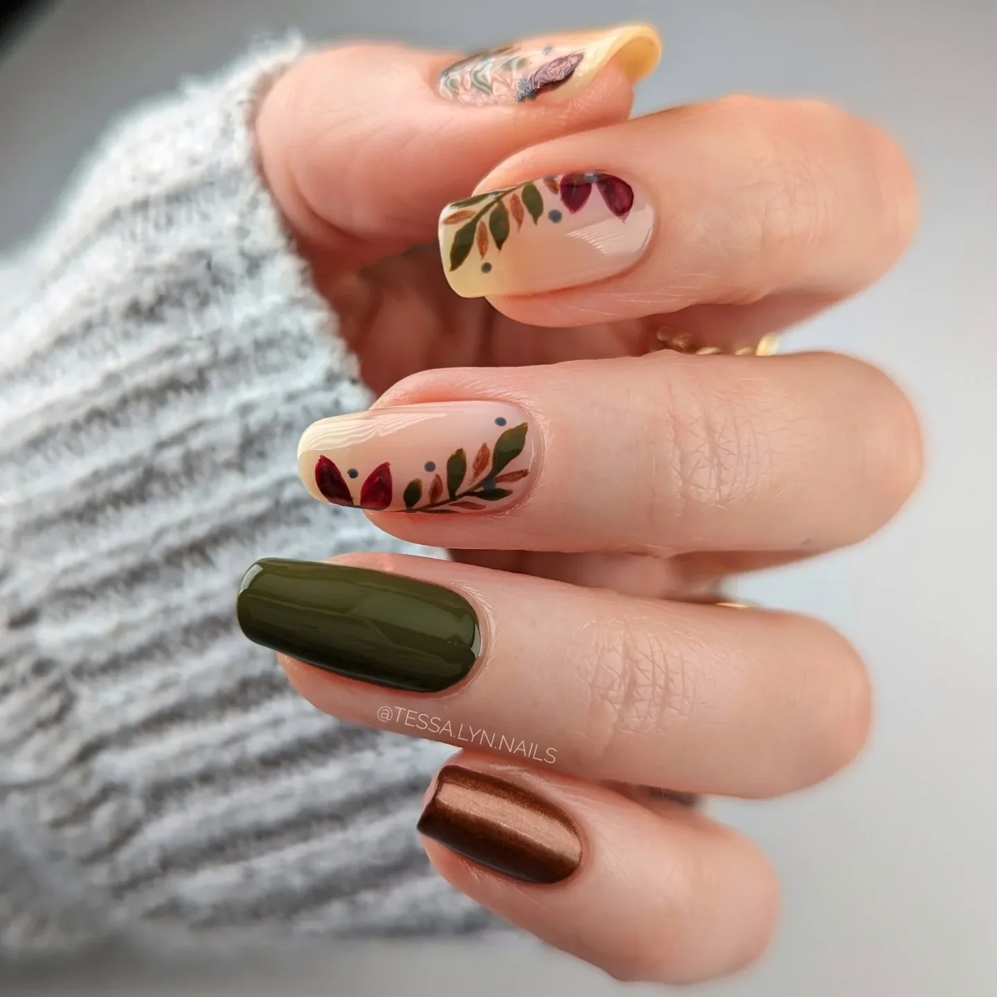 fall nail art ideas 2026 Olive Green Nails With Harvest Botanical Accents