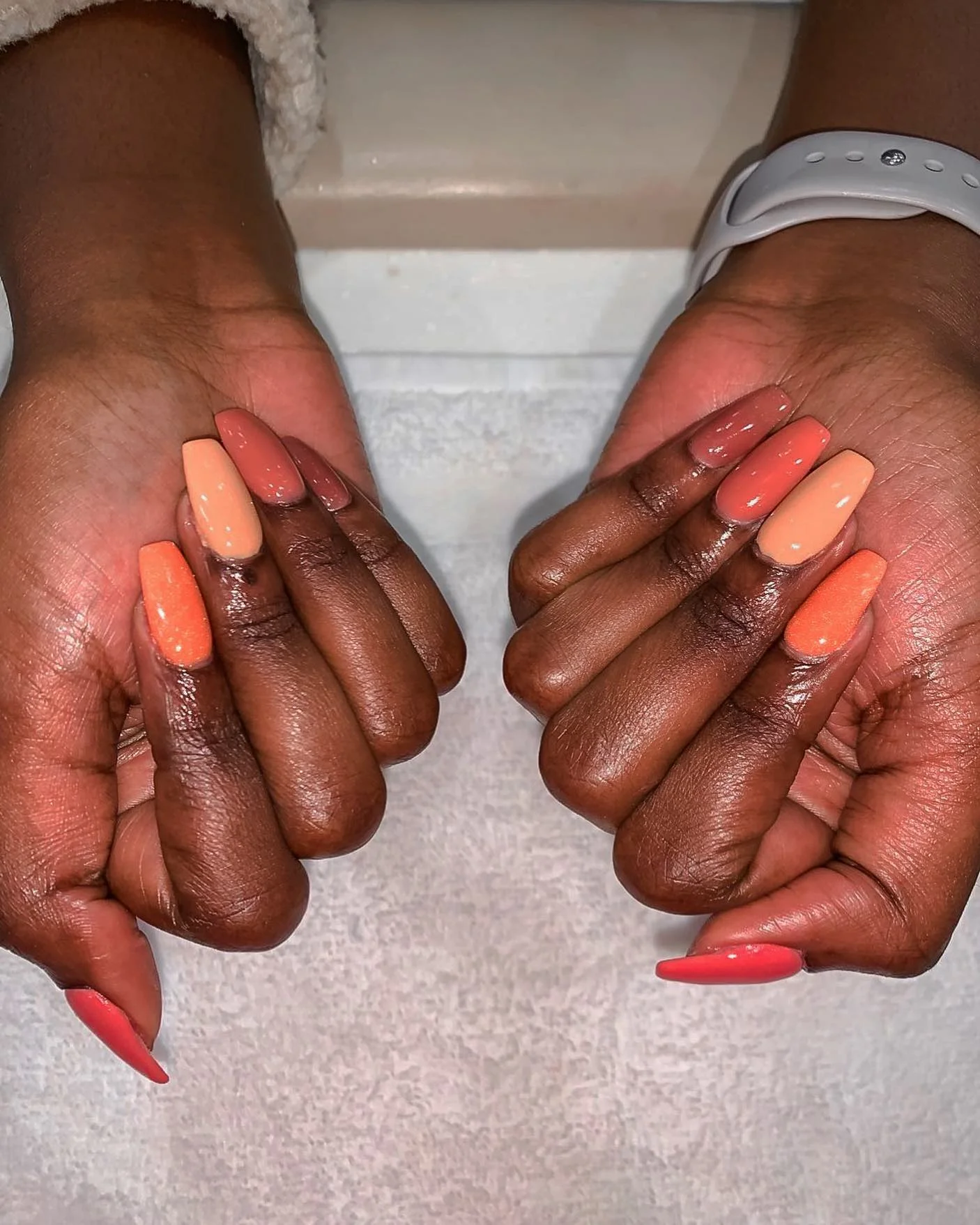 fall nails colors for dark skin Warm Coral And Peach Fall Color Mix