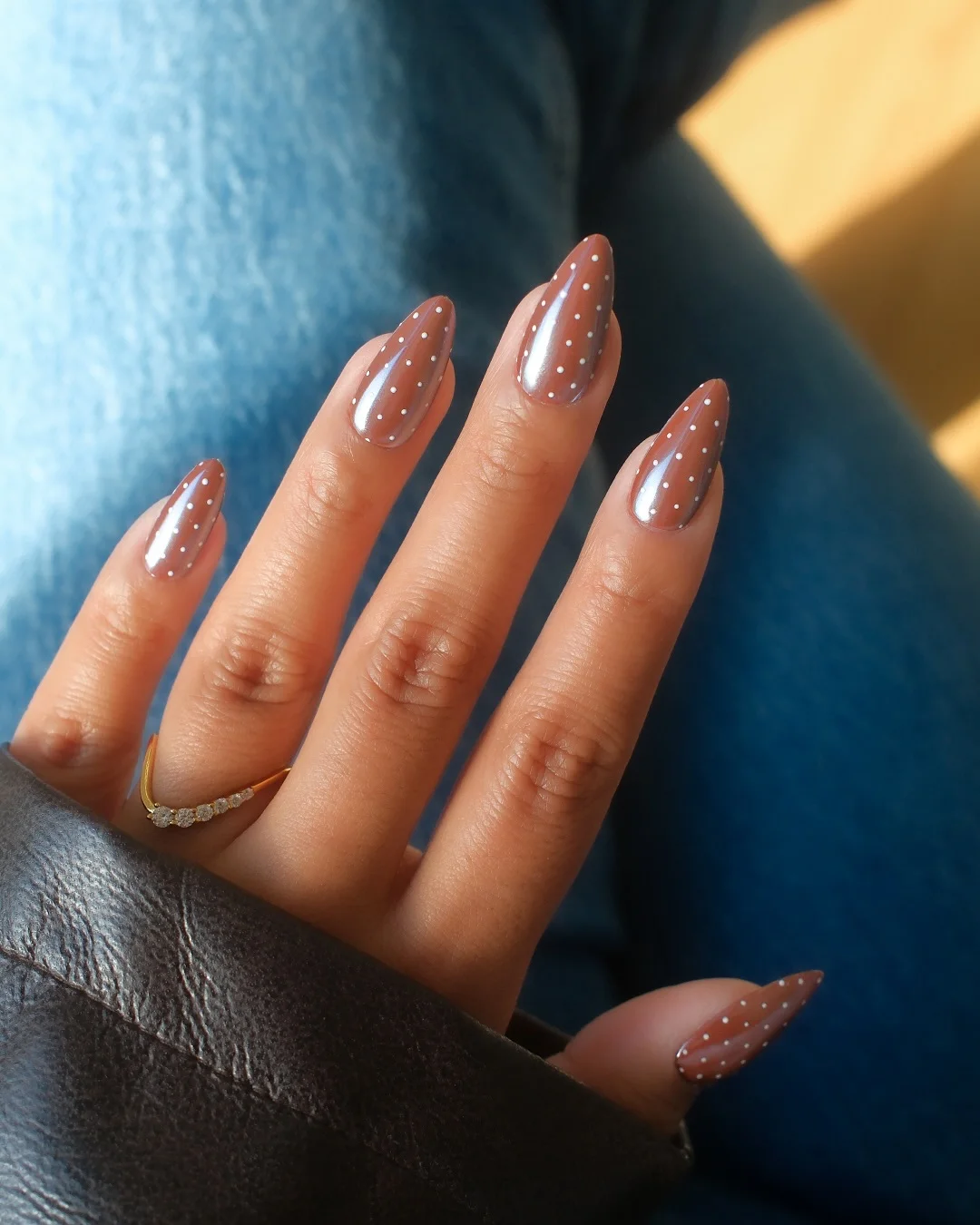 fall nails for medium skin tone Glossy Taupe With Delicate White Dots