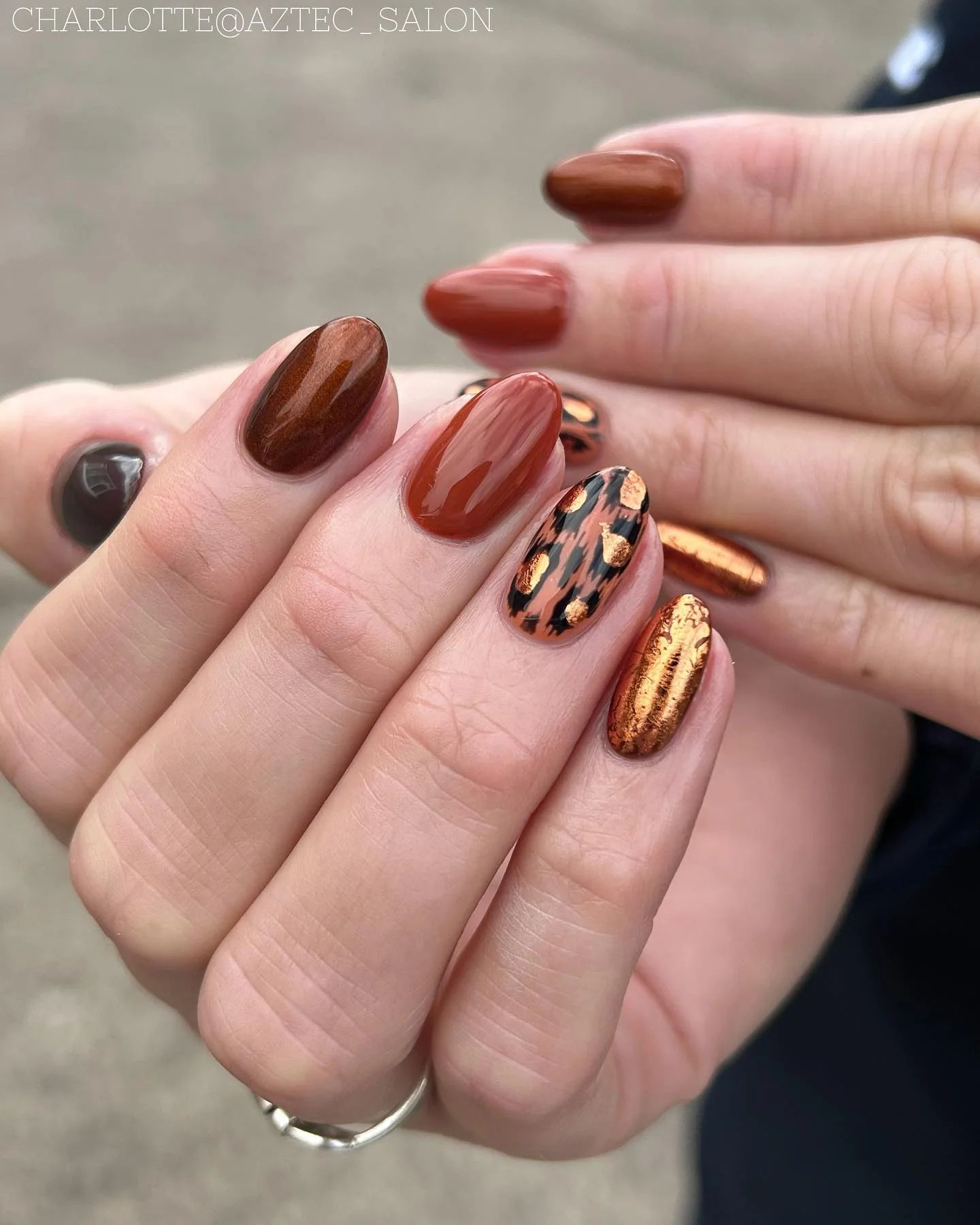 fall nails for pale skin 2026 Chocolate Brown And Copper Leopard Autumn Glam