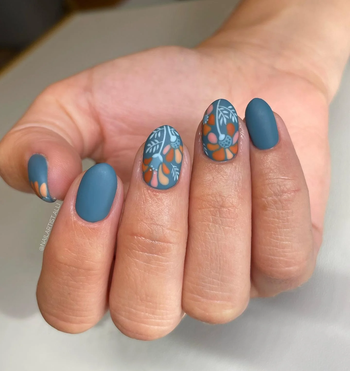 fall nails for tan skin tone Dusty Blue Floral Nails With Autumn Color Accents