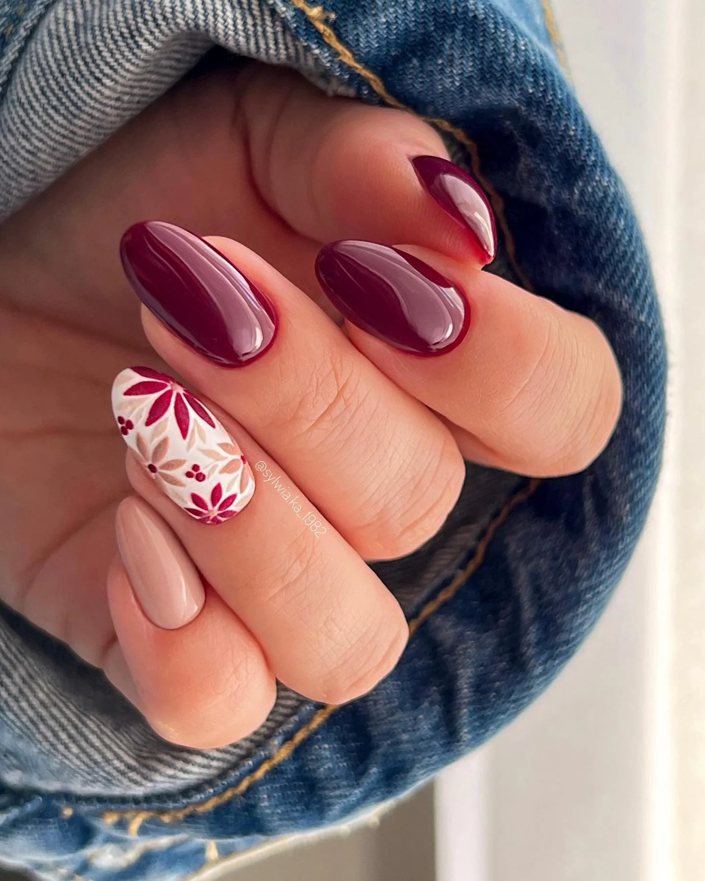 fall nails with accent nail Burgundy Almond Nails With Two Soft Floral Accents