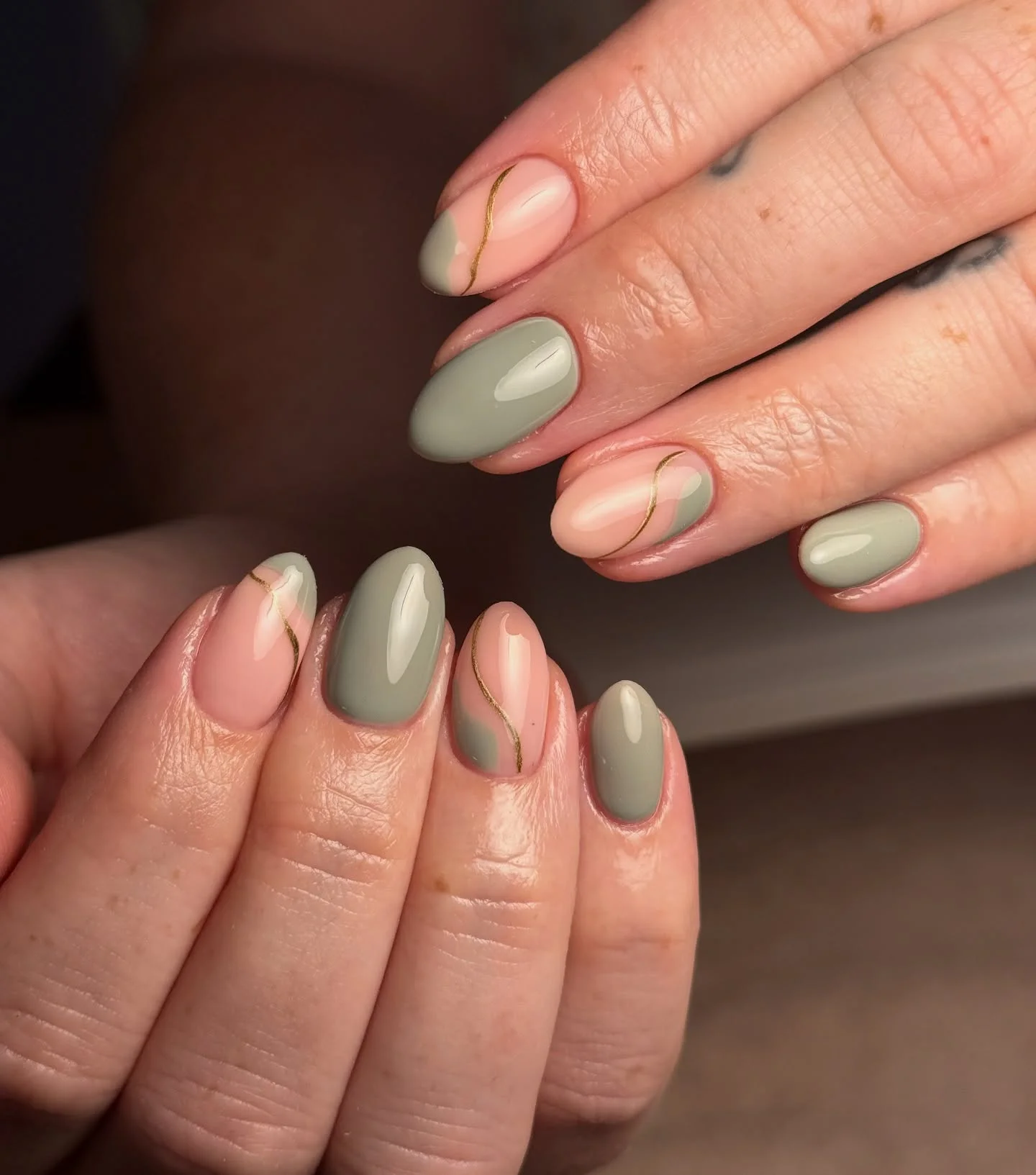 fall short almond nails 2026 Sage Green Minimalism With Flowing Gold Accents
