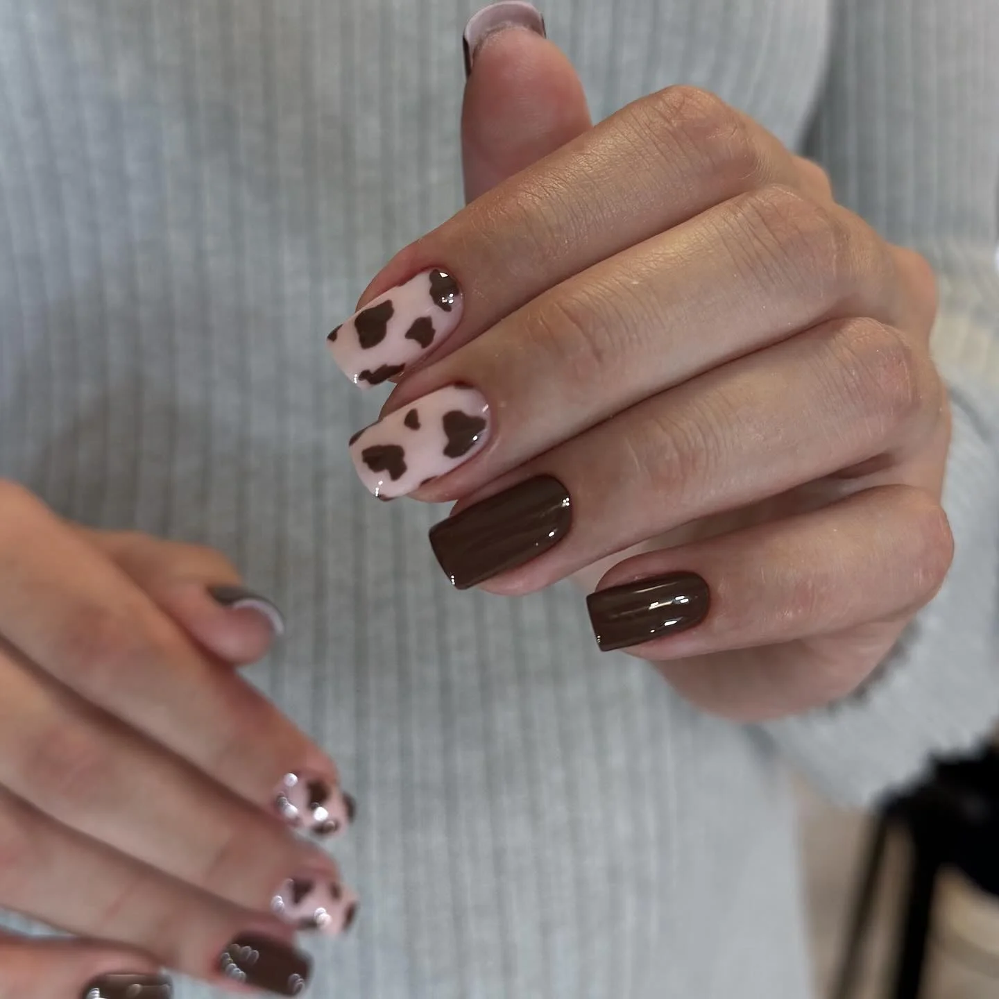 fall square nails 2026 Chocolate Brown And Soft Cow Print